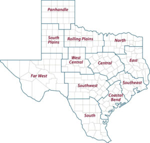 map of the 12 Texas A&M AgriLife Extension Service districts