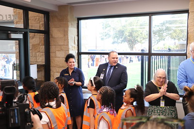 Superintendent Dr. Ken Gregorski and Boudny Elementary namesakes greet students on the first day of school.